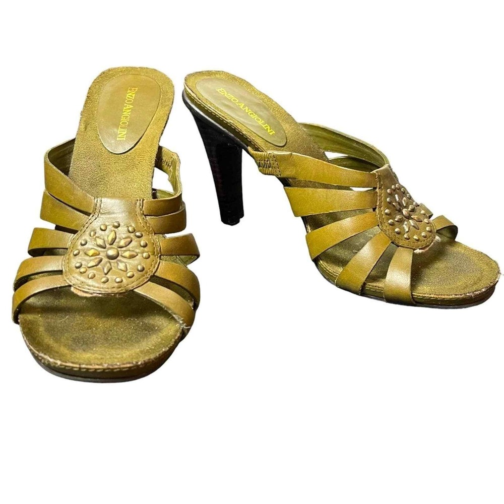 Vintage Y2K Enzo Angiolini Brass Stud Detailed Green Leather Heeled Sandals 7.5‎